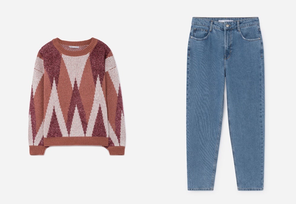 Jersey jacquard de Lefties: 10 euros. Pantalones mum fit de Lefties: 19 euros.