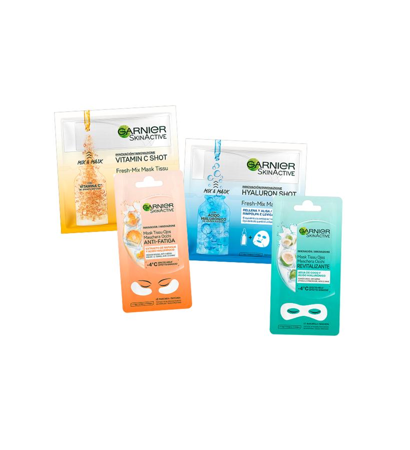 Las mascarillas que necesitas para reavivar el rostro y los ojos tras un largo vuelo. Fresh-Mix Max Tissu Hyaluron Shot fórmula enriquecida con ácido hialurónico que rellena y alisa la piel. Fresh-Mix Max Tissu Vitamin C Shot que ayuda a iluminar la piel y aporta ese extra de energía que necesitamos antes de exponernos al sol. Ambas mascarillas equivalen a 1 envase de sérum. También tienes Mask-Tissu Ojos Fatiga y Mask-Tissu Ojos Revitalizante. (3,95 € /u).