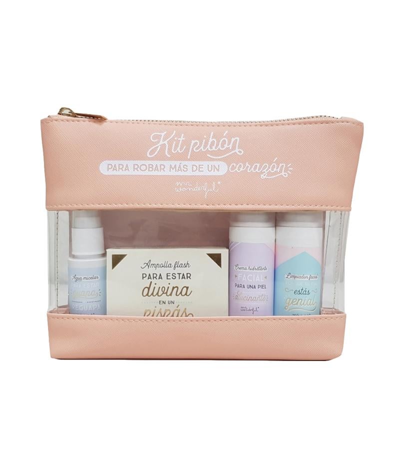 Aquí encontrarás todo lo que necesitas para eliminar la cara de cansancio aunque hayas atravesado el Atlántico. Leche limpiadora, agua micelar, crema hidratante y ampolla revitalizante. Para todo tipo de pieles. Hipoalergénico. Testado dermatológicamnte. (29,90 €).