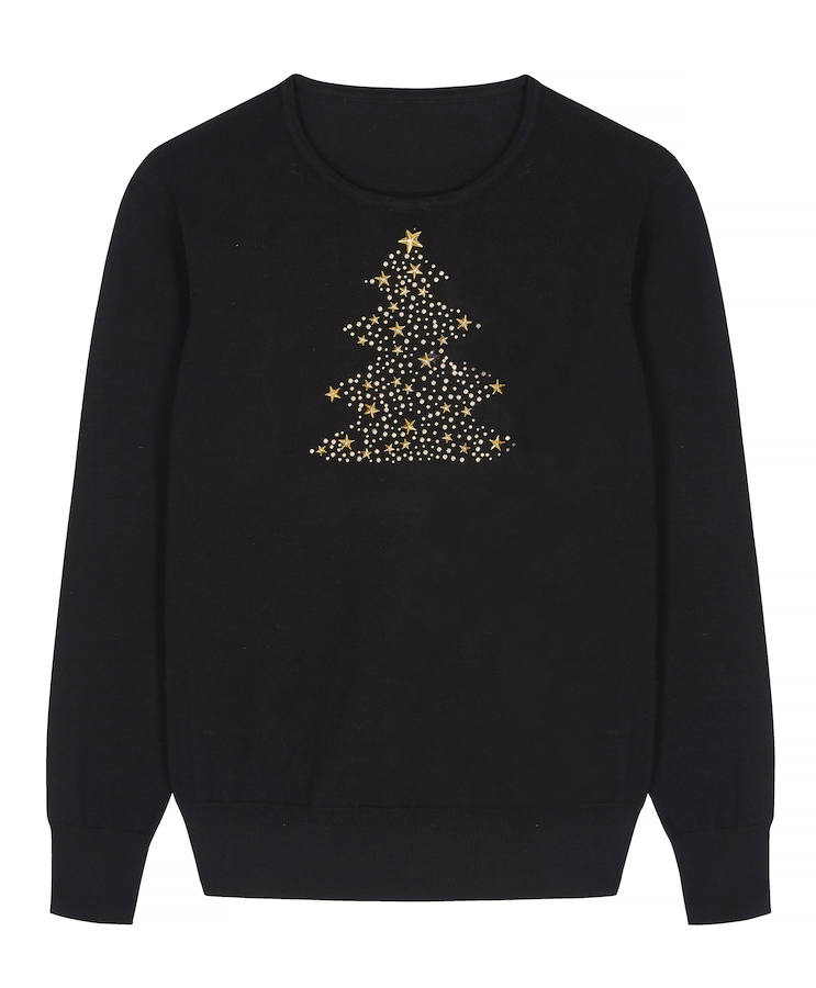 Para las que prefieran un 'ugly sweater' elegante y discreto, este jersey negro con detalle brillante de Mela es ideal. Se vende en Amazon por 33.95 euros.