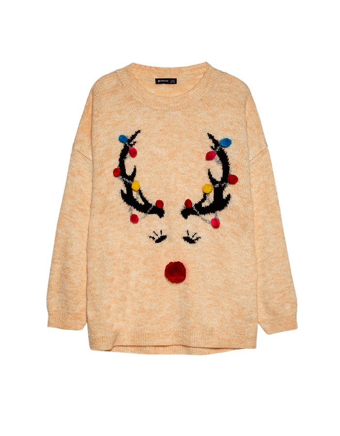 La colección de 'ugly sweaters' de Stradivarius tiene jerseys tan ideales como este, con detalle de reno con pompones. Cuesta 25.99 euros.