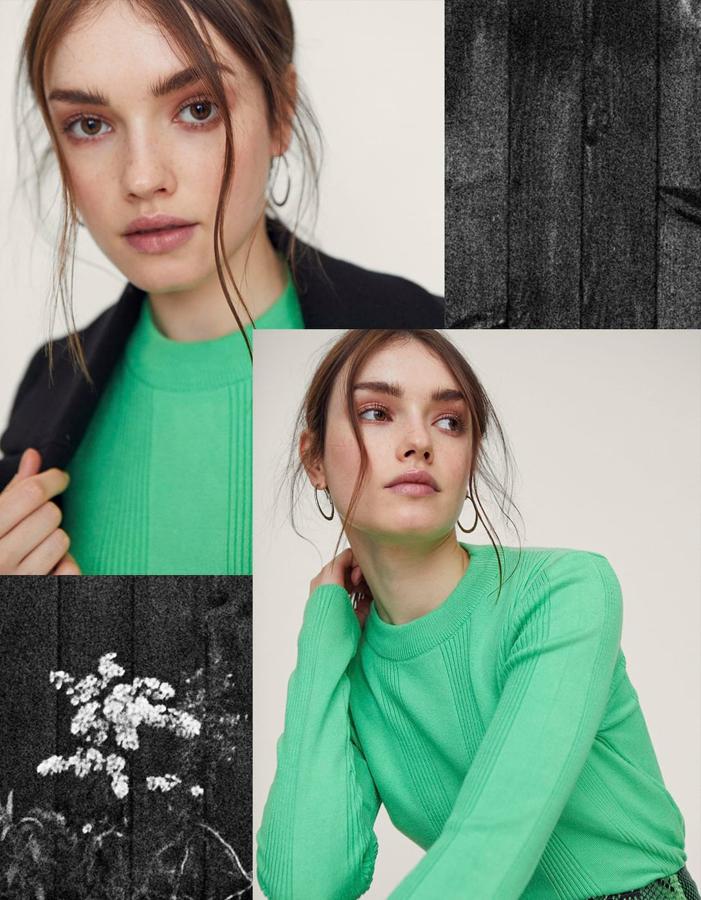 Jersey de canalé con cuello perkins en verde flúor, 15,99 euros.