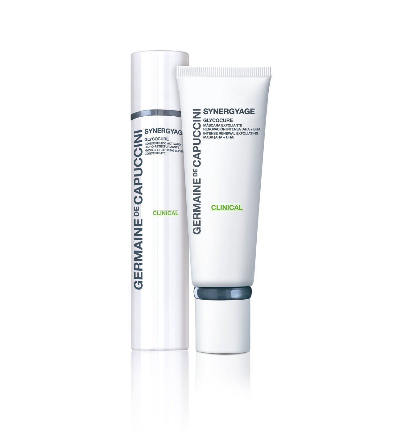 El concentrado activador Synergyage de la línea Clinical de Germaine de Capuccini contiene activos exfoliantes enzimáticos, como la papaína, y ácido glicólico, junto a ingredientes calmantes e hidratantes. Se puede combinar con su mascarilla exfoliante intensiva. (60,55 y 26,70 €, respectivamente).