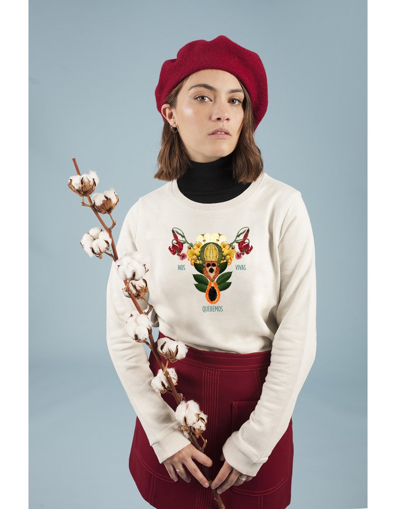 Sudadera ¡Nos queremos vivas’ con dibujo: 52 euros en Ofsetcollage.
