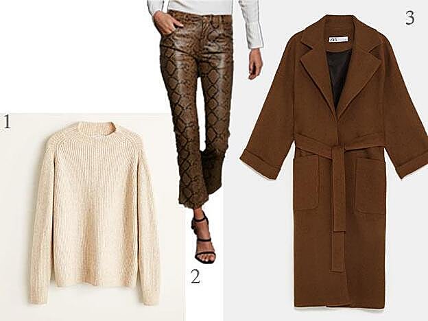Jersey de Mango con cuello de chimenea, 19,99 euros / Pantalón Bella con estampado de serpiente de Lovely Pepa Collection, 99 euros / Abrigo cruzado con cinturón de Zara, 129 euros