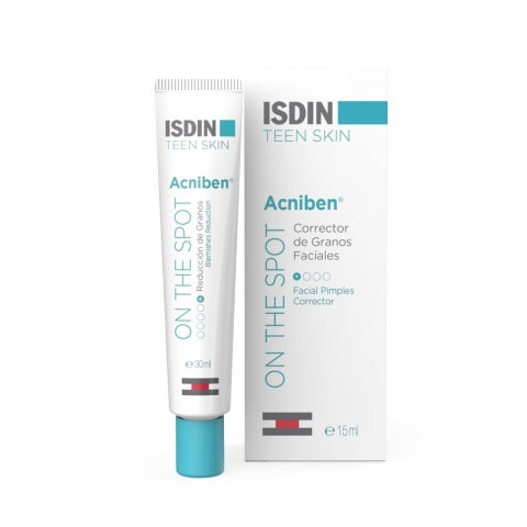 El gel secante Acniben On the Spot de ISDIN es un corrector de granos faciales que disminuye el enrojecimiento yel volumen del mismo gracias a la niacinamida, el ácido mandelico y el salicilíco y los prebióticos. (c.p.v.).