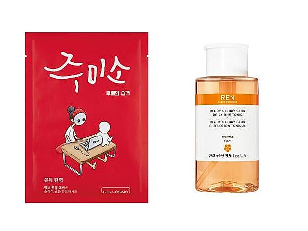 1. Jumiso Chewy Elasticity Mask de Helloskin (3,99 €). En Miin. 2. Ready Steady Glow Daily AHA Tonic de REN (44 €).