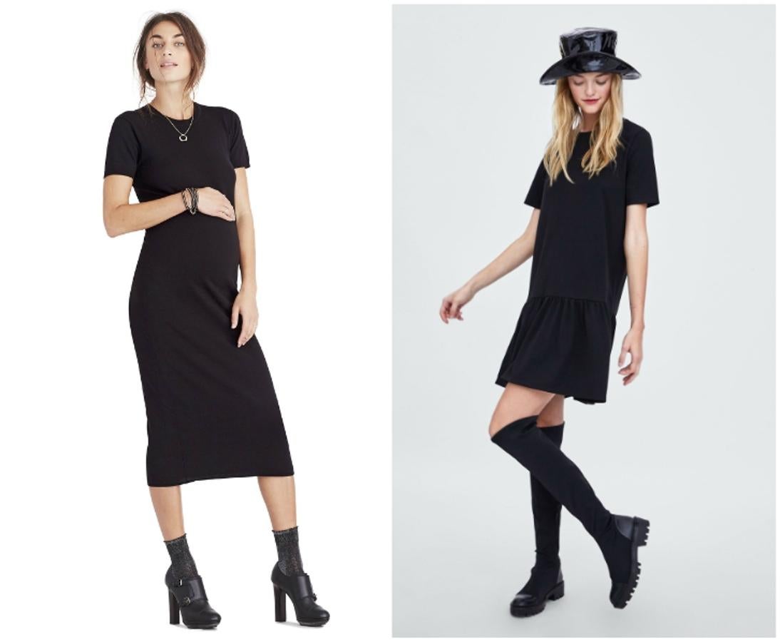 Este vestido midi negro premamá de Hatch cuesta 189 euros. La versión 'low cost' de Zara se puede encontrar en las rebajas por 9.99 euros.