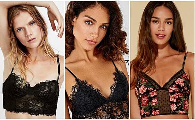 A la izquierda, sujetador de Oysho (rebajado a 9.99 euros); en el centro, sujetador rebajado de Women'Secret (11.99 euros); y a la izquierda, bustier con estampado de Tezenis (9 euros).