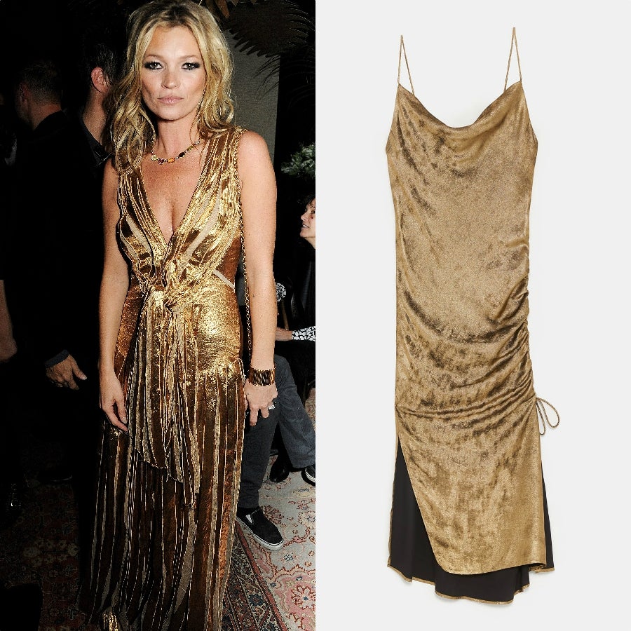 No ha sido difícil acordarnos del vestido de fiesta más llamativo de la colección de Zara al ver este look dorado de Kate Moss que lució en el año 2012. (19,99 euros).