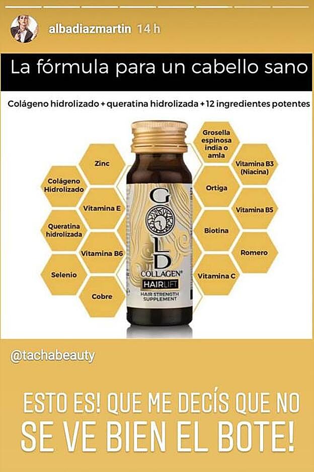Alba Díaz confía en el complemento 'Gold Collagen Hairlift', para acabar con el cabello débil.