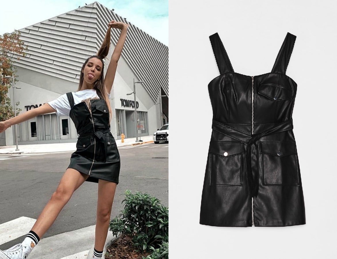 El vestido más especial de la nueva colección de Bershka es este de efecto piel. (25,99 euros). La influencer Teresa Bass lo ha combinado con unas Converse y una camiseta blanca básica pero nos lo podemos imaginar perfectamente para un look de fiesta muy sexy.