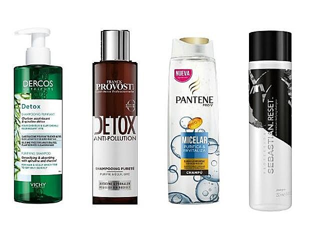 1. Champú Detox de Vichy (12 €). 2. Champú Detox Anticontaminación de Franck Provost (14 €). 3. Champú Micelar de Pantene (2,90 €). 4. Champú Reset de Sebastian Professional (21 €).