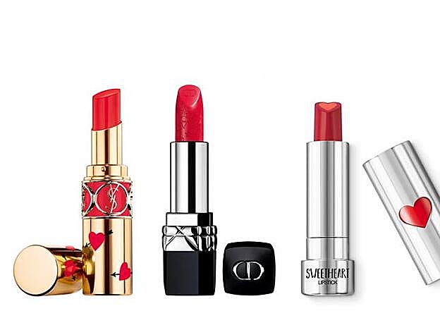 Rouge Volupté Shine de Yves Saint Lauren Beauté (36 €). Rouge Dior de Dior (37,60 €). Sweetheart Lipstick de Kiko Milano (6,95 €).