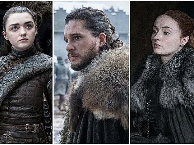 Arya, Jon y Sansa Stark (Maisie Williams, Kit Harington y Sophie Turner)
