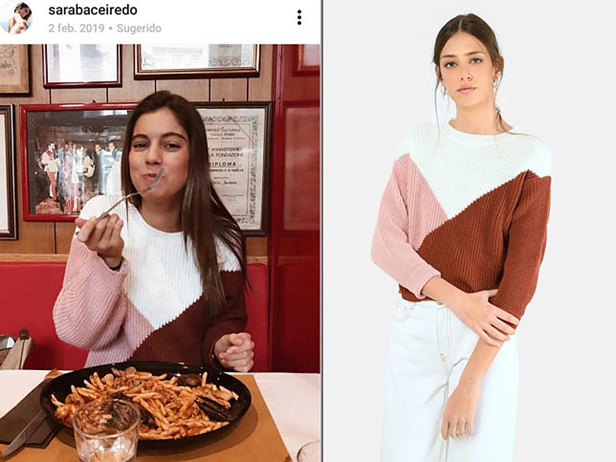 Este jersey con diseño tricolor geométrico que le vimos a Sara Baceiredo en su perfil de '21 Buttons' es también una de las prendas más buscadas y su precio es de 45,90 euros.