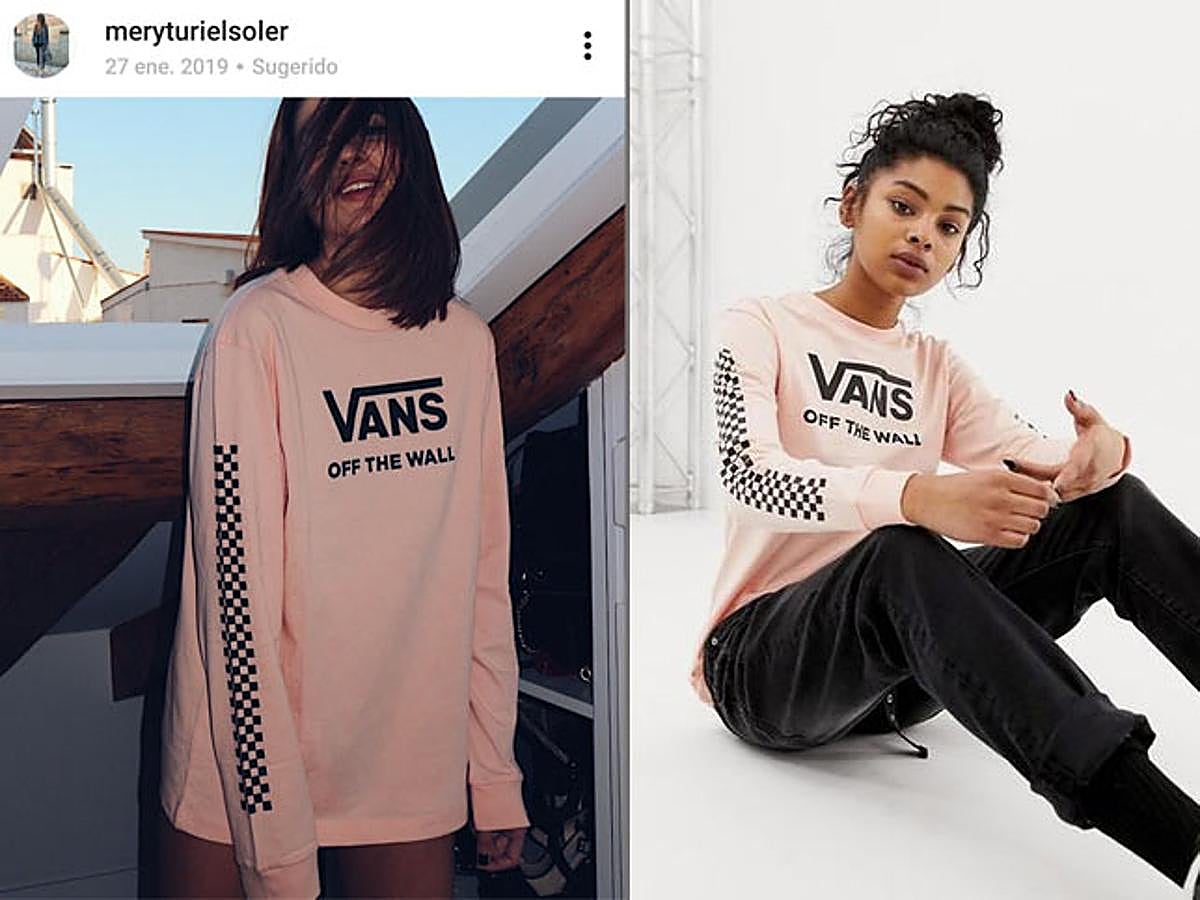 Mery Turiel nos conquistó con esta camiseta rosa tipo boyfriend con manga larga de Vans. Su precio es de 34,99 euros.