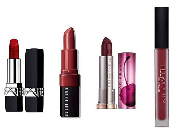 1. Rouge Dior Couleur Couture, tono Diable. Acabado satinado (29,95 euros). En Sephora. 2. Crushed Lip Color de Bobbi Brown, tono Cherry. (29 euros). 3. Labial Vice Lipstick Colección Cherry de Urban Decay. (19,95 euros). 4. Labial mate líquido de Huda Beauty. En Sephora. (21,95 euros).