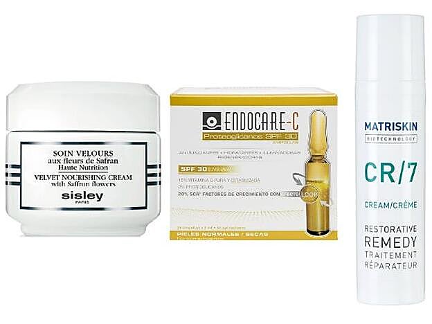 1. Soins Velours aux Fleurs de Safran de Sisley (165 euros). 2. Ampollas Endocare C Proteoglicanos SPF30 de Cantabria Labs (49,90 euros). 3. CR/7 Cream Restorative Remedy de Matriskin (65 euros).