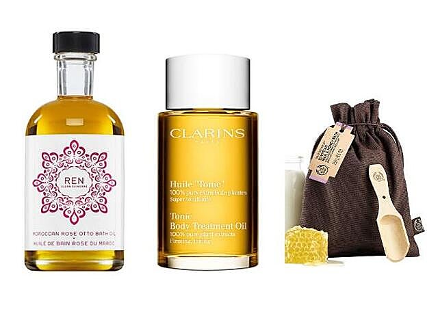 1. Moroccan Rose Otto Bath Oil de Ren (36 €). 2. Huile Tonic de Clarins (53,50 €). 3. Spa of the World Baño de Leche y Miel de Egipto de The Body Shop (17 €).