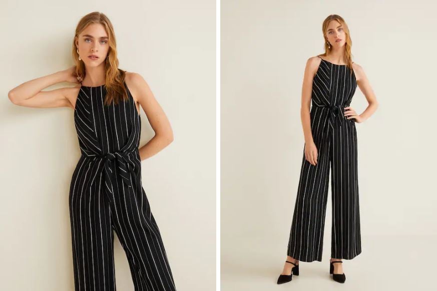 Mono con rayas diplomáticas y nudo en la cintura para estilizar la silueta de Mango. (39,99 euros).