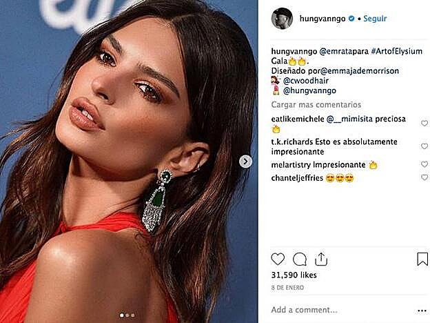 Este stamp eye shadow en tonos ocre que luce Emily Ratajkowski es obra del maquillador Hung Vanngo.