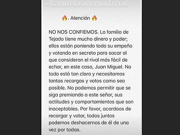 Mensaje que difunde Candela Acevedo para echar a Antonio Tejado a la calle.