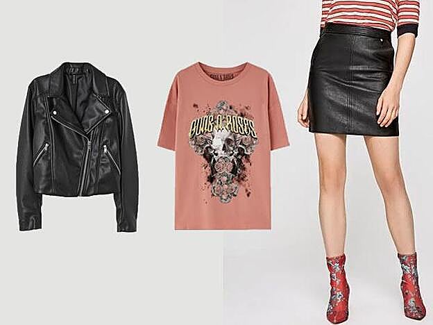 1. Cazadora motera de H&M, 39,99 euros / Camiseta de Guns N' Roses de Pull & Bear, 15,99 euros / 3. Minifalda de polipiel petya de Pepe Jeans, 65 euros.