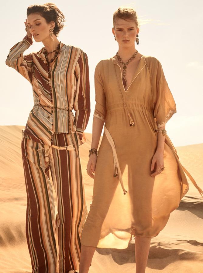 Los tonos tierra son los protagonistas del nuevo lookbook de Zara para la primavera-verano. Este conjunto pijamero cuesta 49.95 euros cada parte, y el vestido túnica, 99.95 euros.