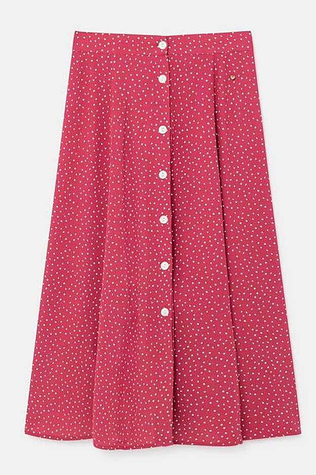 Falda evasé roja con pequeñas flores blancas de Brownie.