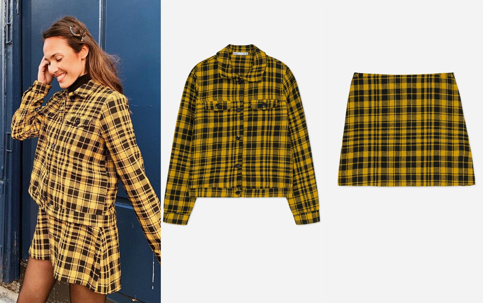 De nuevo un conjunto pero esta vez de cuadros el que lleva la influencer Ana Moya. Un look muy teenager y sexy, perfecto para sobrevivir al entretiempo. La cazadora cuesta 25 euros y la falda 14 euros. Todo disponible en Lefties.