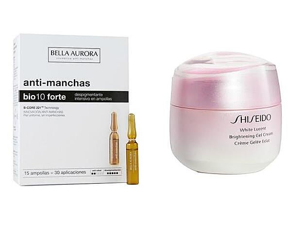 1. Anti-Manchas Bio 10 Forte de Bella Aurora (c.p.v.). 2. White Lucent Brightening Gel Cream de Shiseido (85 euros).