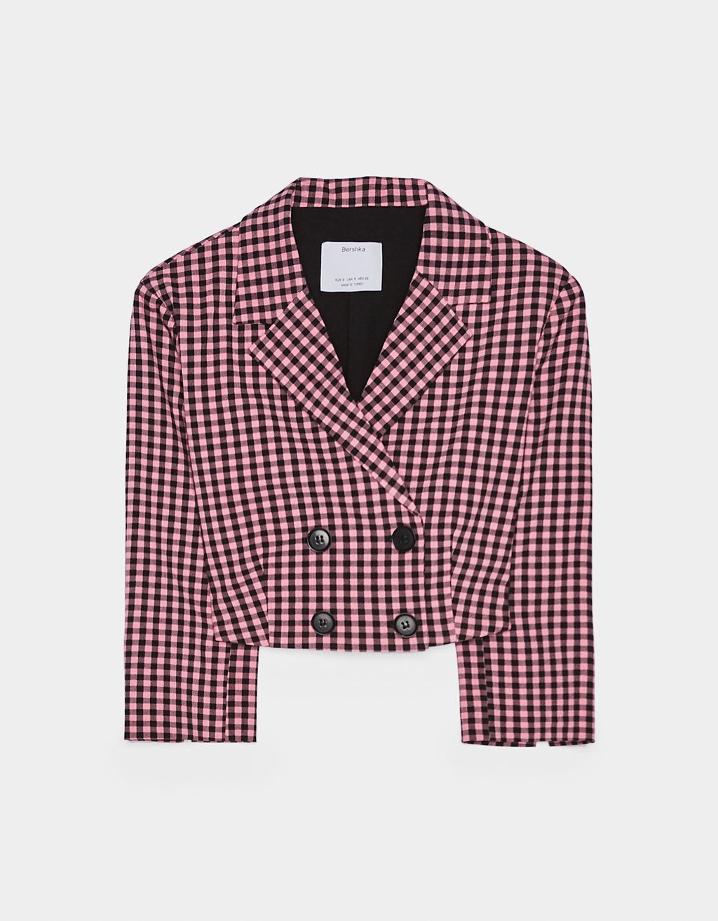 Blazer cropped con botones y estampado de cuadros vichy: 25,99 euros en Bershka.
