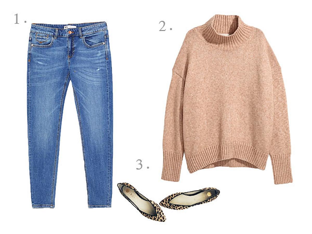 1. Jean skinny con efecto lavado skinny (22,95 euros) / 2. Jersey de punto con cuello alto de H&M en color beige (14,99 euros) / 3. Bailarinas animal print de Bobo's (99 euros).