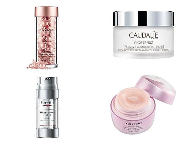 1. Retinol Ceramide Capsules Line Erasing Night Serum de Elizabeth Arden (110 €). 2. Vinoperfect Crema de Noche Glicólica Antimanchas de Caudalie (33,60 €). 3. Hyaluron Filler Noche Peeling &amp; Serum de Eucerin (39,90 €). 4. White Lucent Overnight Cream &amp; Mask de Shiseido (98 €).