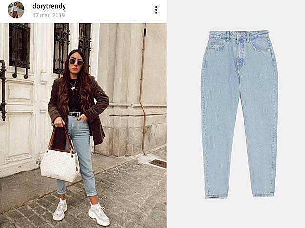 Mom fit jeans de tiro alto con diseño retro en azul claro de Zara, 25,95 euros.
