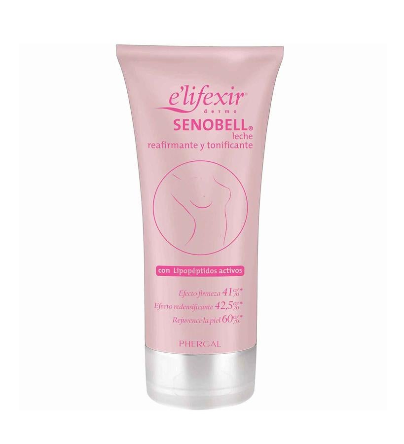 Leche redensificante que aumenta la firmeza y el tono del busto, es nutritiva y correctora de estrías. Tienes efectos tensores y reafirmantes de tejidos realizando por los lipopéptidos activos incluidos en su formulación. Aumentan la síntesis de fibras de colágeno y de ácido hialurónico consiguiendo un efecto volumen, remodelándolos y elevándolos. Apto para embarazadas y período de lactancia.  E´lifexir Senobell de Phergal  (11,95 €).
