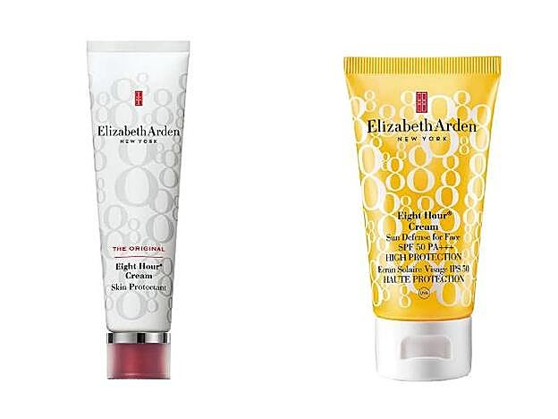 1. ORIGINAL. Eight Hour Cream Skin Protectant de Elizabeth Arden (35 €). 2. REINVENCIÓN. Eight Hour Cream Sun Defense SPF50 de Elizabeth Arden (27 €).