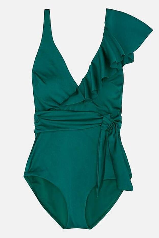 Bañador triangular brillos jade. (35,99 euros).