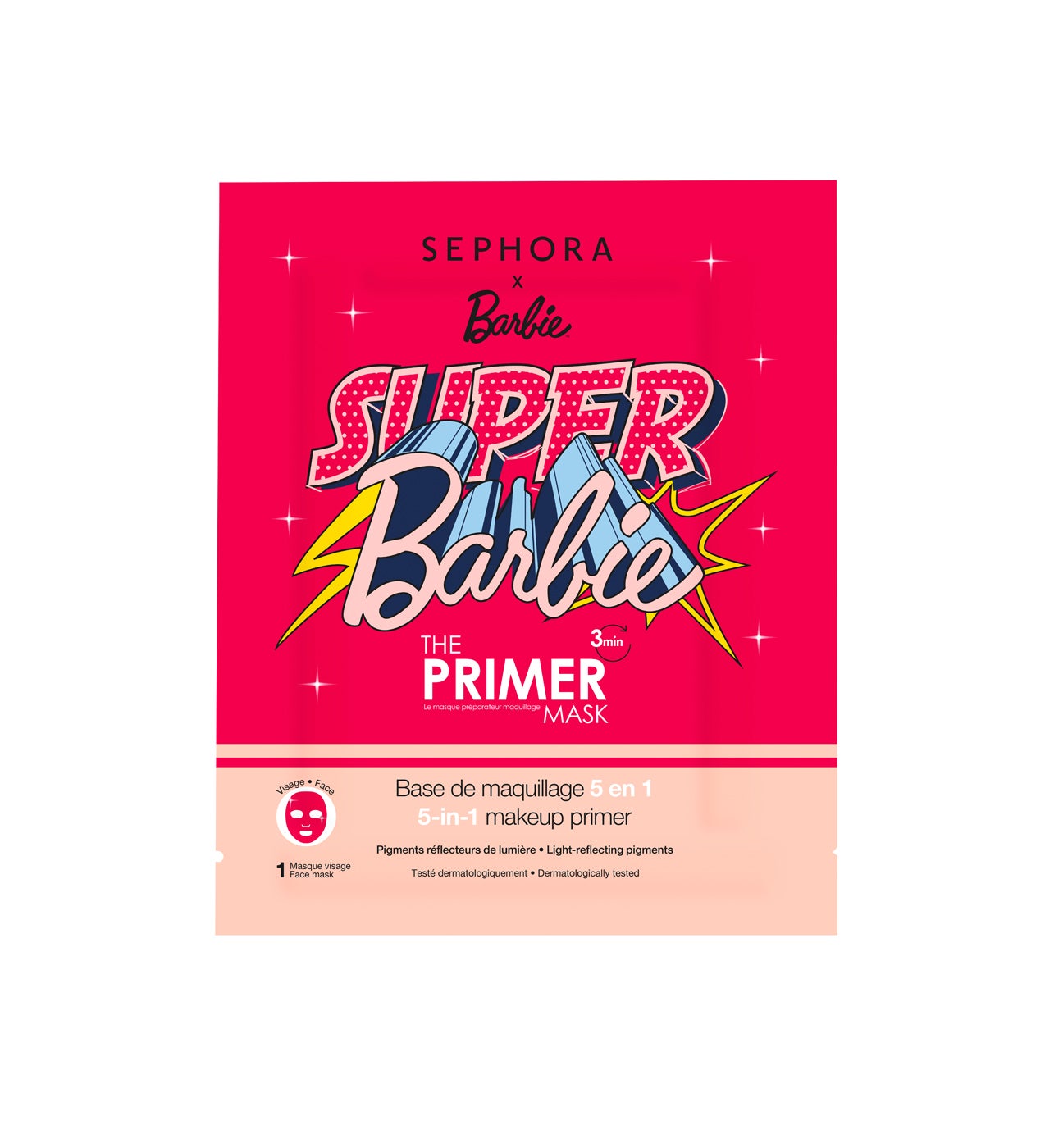 Tan solo necesita tres minutos para hidratar, iluminar y unificar la piel y prepararla para que el maquillaje dure más tiempo.  Mascarilla Primer Super Barbie  (4,99 €).