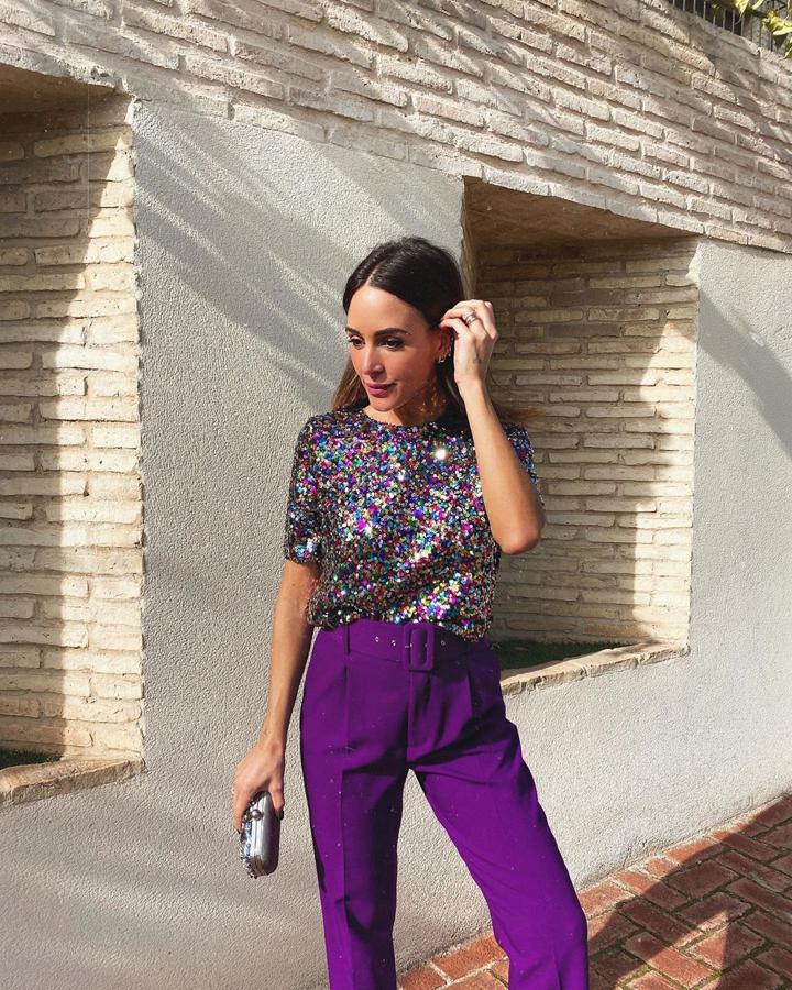 Una de las propuestas de Rocío Osorno para Nochevieja con pantalón moda de Zara y  top de lentejuelas de Lefties.