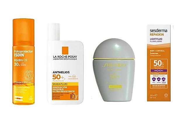 1. Fotoprotector HydroOil SPF30 de ISDIN (22,95 €). 2. Anthelios Shaka Fluid SPF50+ de La Roche-Posay (25,60 €). 3. Suncare Sports BB Renewal SPF50+ de Shiseido (43 €). 4. Repaskin Fluido Ligero SPF50 de Sesderma (24,95 €).