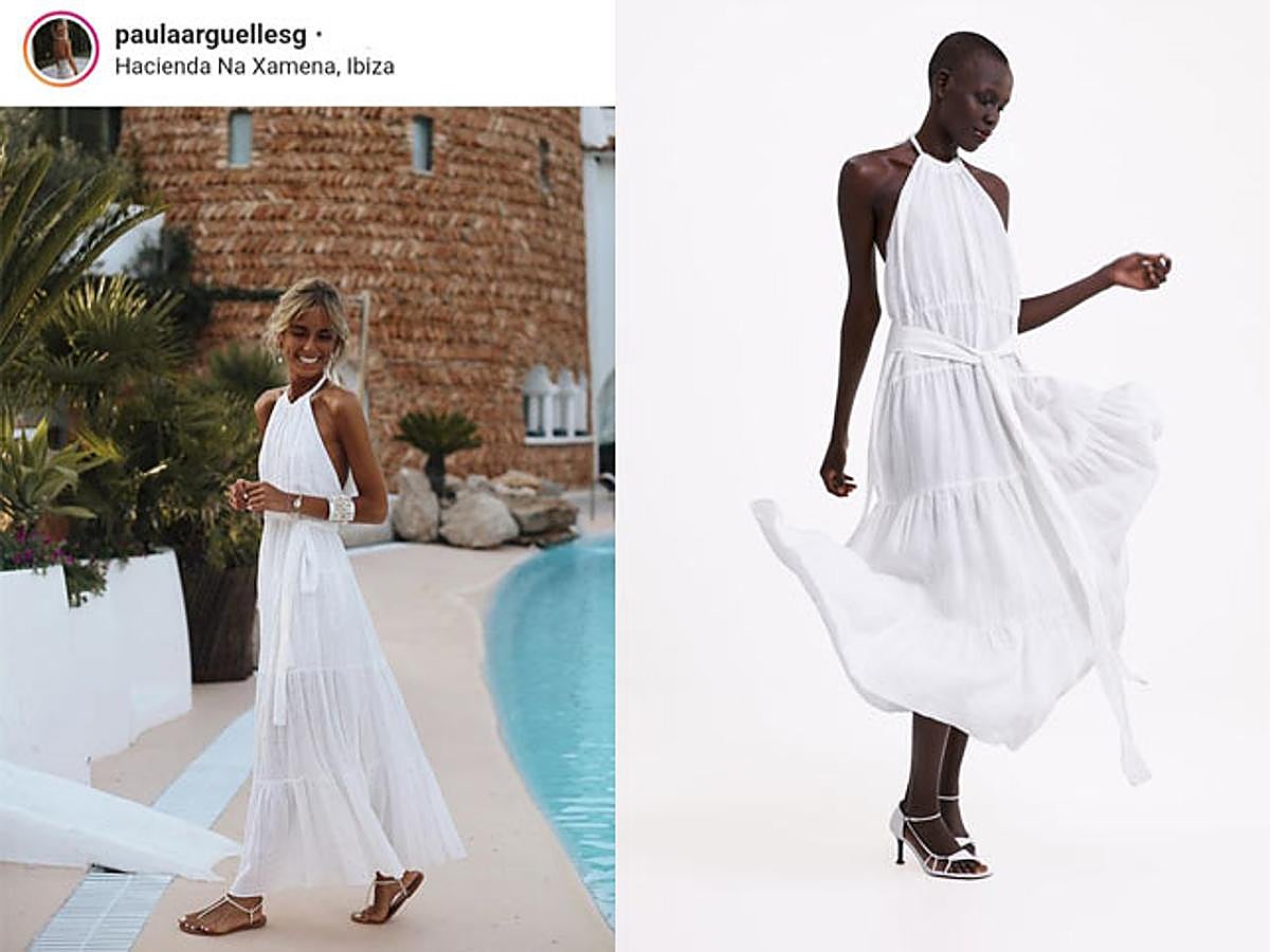 Paula Argüelles se hizo con el vestido más buscado de Zara, este vestido fluido de línea evasé con cuello halter y escote pronunciado en la espalda de 49,95 euros.