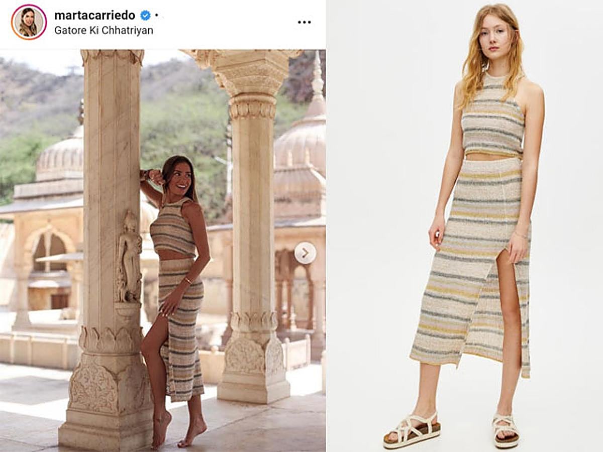 Marta Carriedo sabe que los conjuntos de punto pueden convertirse en nuestros looks salvavidas en verano, por eso no pudo resistirse a este formado por un top y una falda de rayas multicolor. Ambas prendas te saldrán por 38,98 euros  en la web de Pull & Bear .