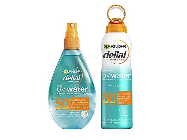 Bruma Solar Transparente UV Water IP50+ y Spray Solar Transparente UV Water IP50+ de Garnier Delial.
