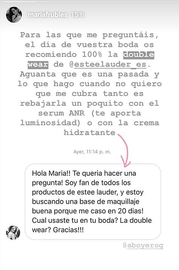 María Fernández-Rubíes revelaba su base de maquillaje favorita a una de sus seguidoras a través de stories.