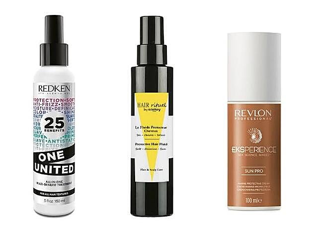 1. One United de Redken (24 €). 2. Hair Rituel Le Fluide Protecteur Cheveux de Sisley e(75 €). 3. Sun Pro Eksperience Marine Protective Cream de Revlon Professional (19,80 €).