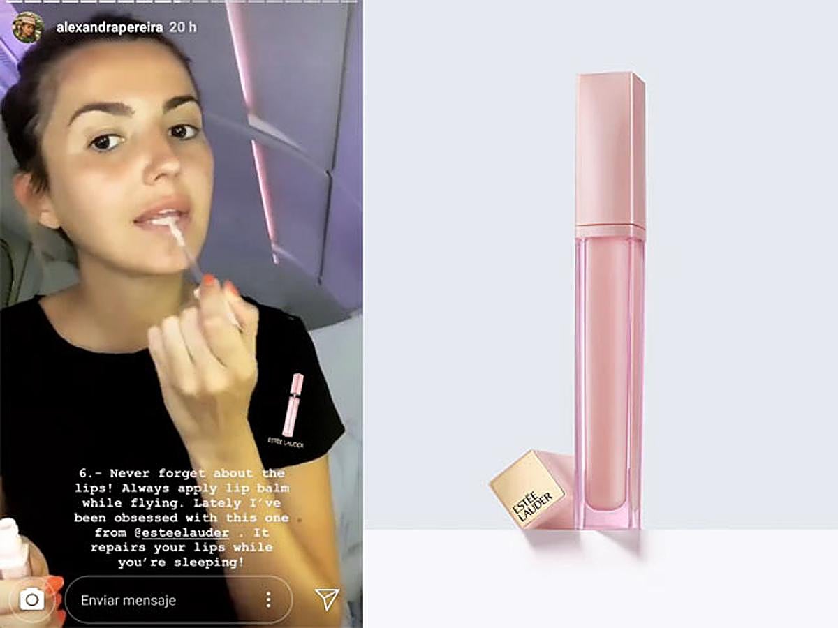 ¡Prohibido olvidarse de los labios! La influencer cuenta con su bálsamo reparador Lip Repair Potion de Estée Lauder, perfecto para repararlos, renovarlos y suavizarlos con un solo gesto.