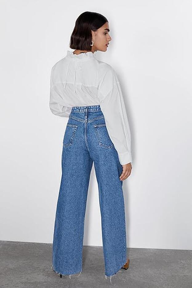 Jeans de tiro alto ZW Premium wide leg con pliegues delanteros, 39,95 euros.