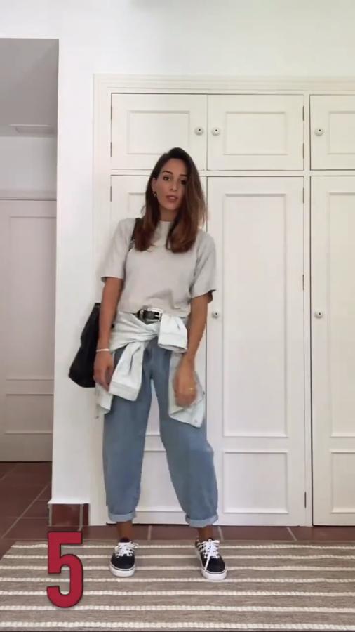 Este es el look más urbano que Rocío Osorno ha propuesto con los vaqueros slouchy. Los ha combinado con unas zapatillas Vans, camiseta básica gris y sudadera.